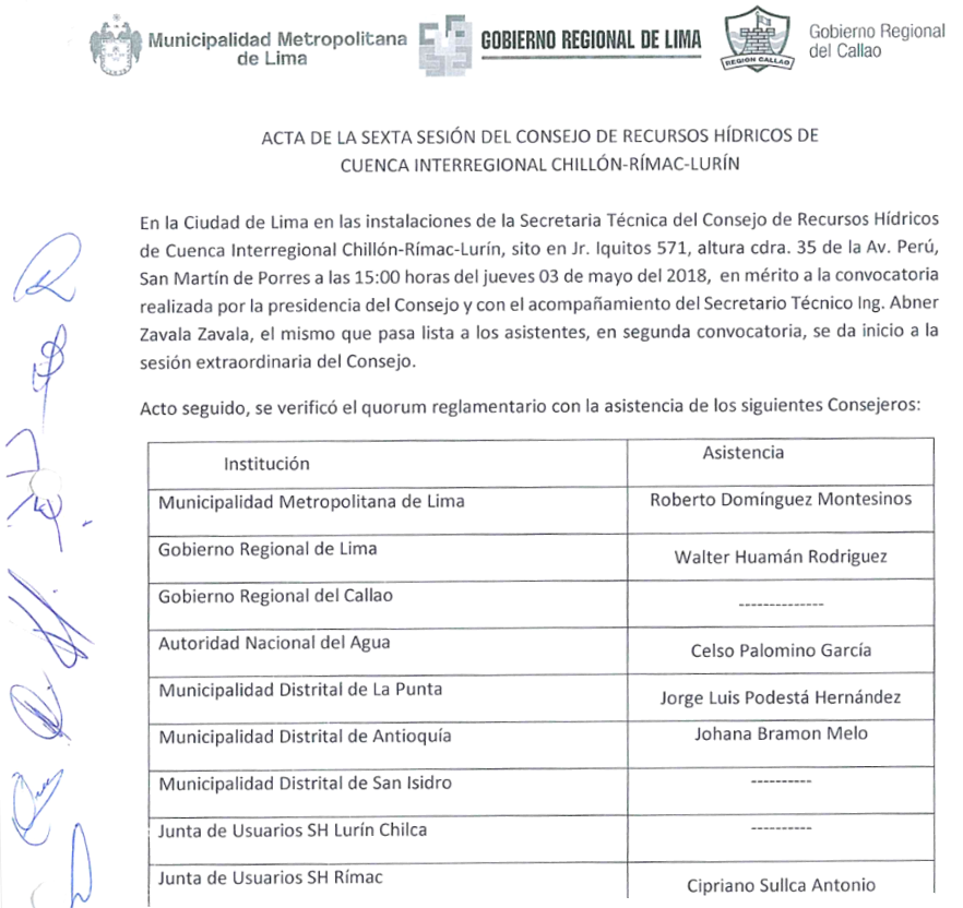 Acta de la Sexta Sesión del Consejo de Recursos Hídricos de Cuenca Interregional Chillón Rímac Lurín