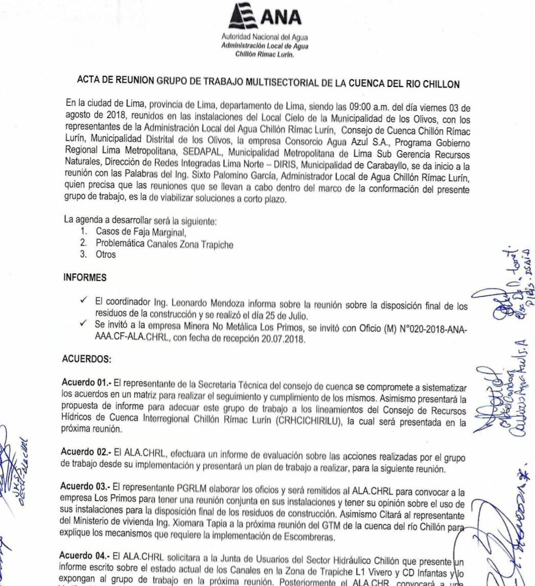 Acta de Reunion del Grupo de Trabajo Multisectorial de la Cuenca del Rio Chillon