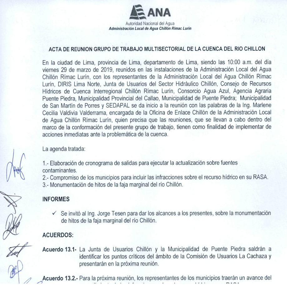 Acta de Reunion del Grupo de Trabajo Multisectorial de la Cuenca del Rio Chillon